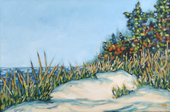 "The Magic Hour of Autumn II" original oil painting by Christi Dreese, golden-hour autumn lakeshore scene