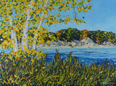 "The Magic Hour of Autumn" by Christi Dreese: giclée print of autumn birches reflected in blue water with a sandy bluff beyond