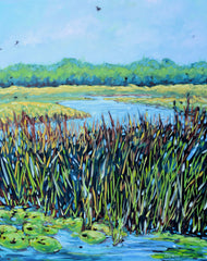 "Journeys Have Secret Destinations" by Christi Dreese: giclée print of a wetland with cattails and lily pads