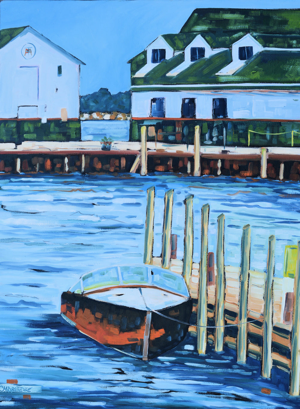 "Mackinac Island - Dock Stories" original oil painting by Christi Dreese, harbor dock scene