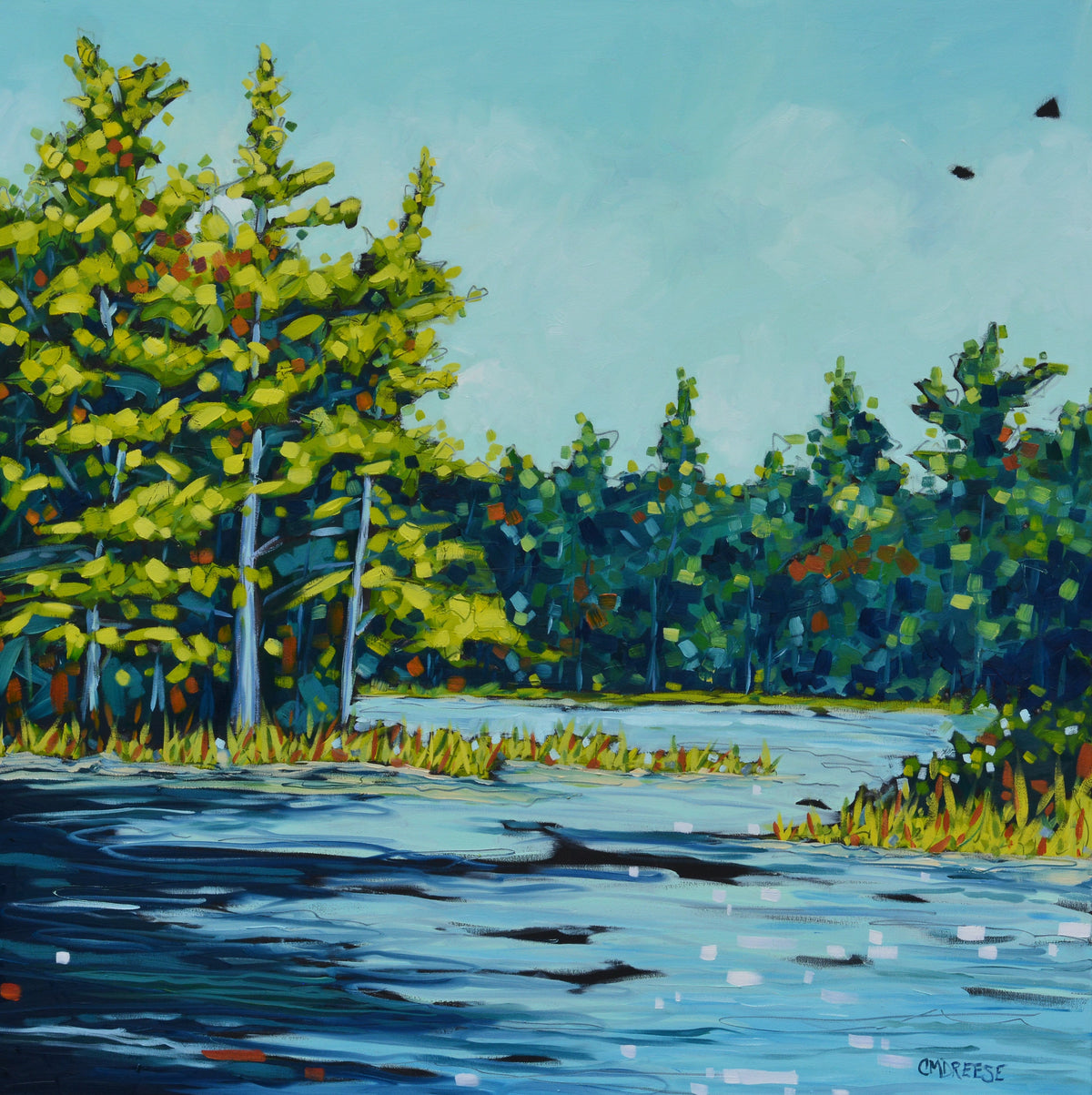 "A Time to Reflect" by Christi Dreese: giclée print of evergreen trees beside rippling blue water