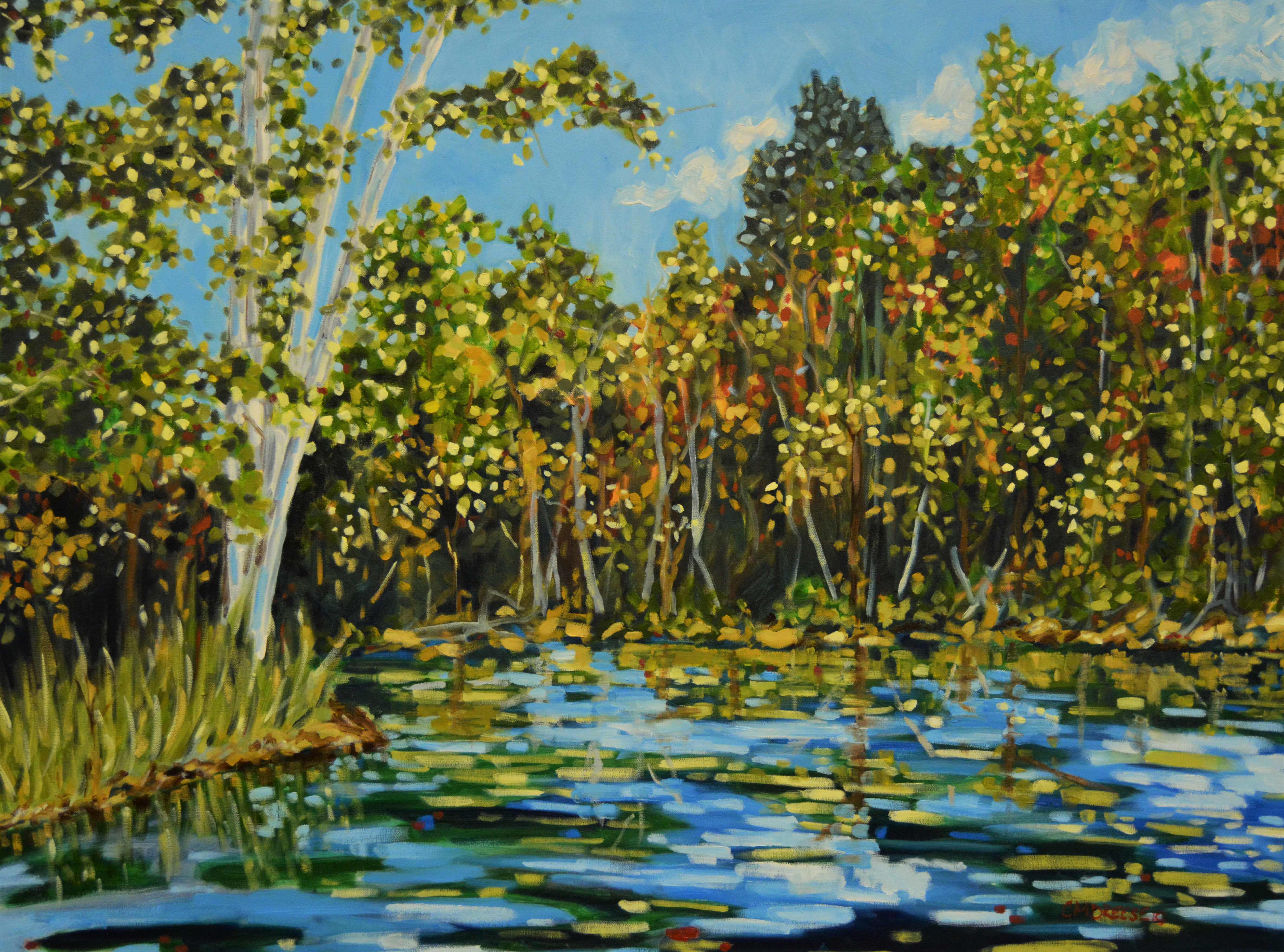 "Indian River" by Christi Dreese: giclée print of birch trees along a quiet river